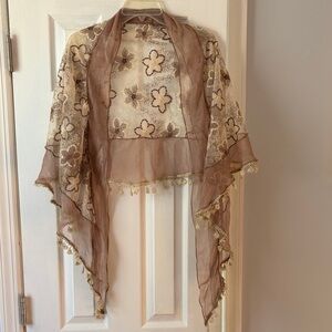 Elegant Brown Floral Sheer Shawl